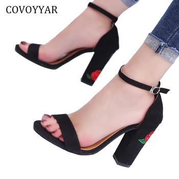 

COVOYYAR 2019 Embroidered Women's Sandals Summer Rose Flowers Ladies High Heels Open Toe Buckle Strap Women Shoes WSS876