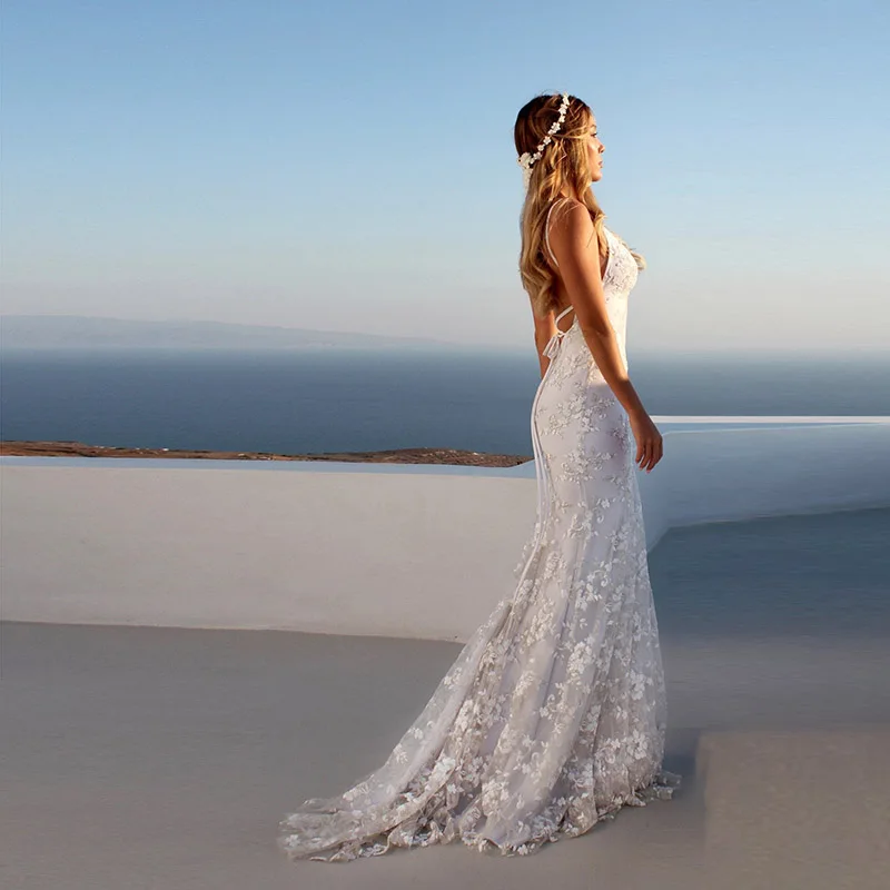 

Verngo Beach Mermaid Wedding Dress 2019 Lace Sexy Bridal Gowns Deep-V-neck Custom made