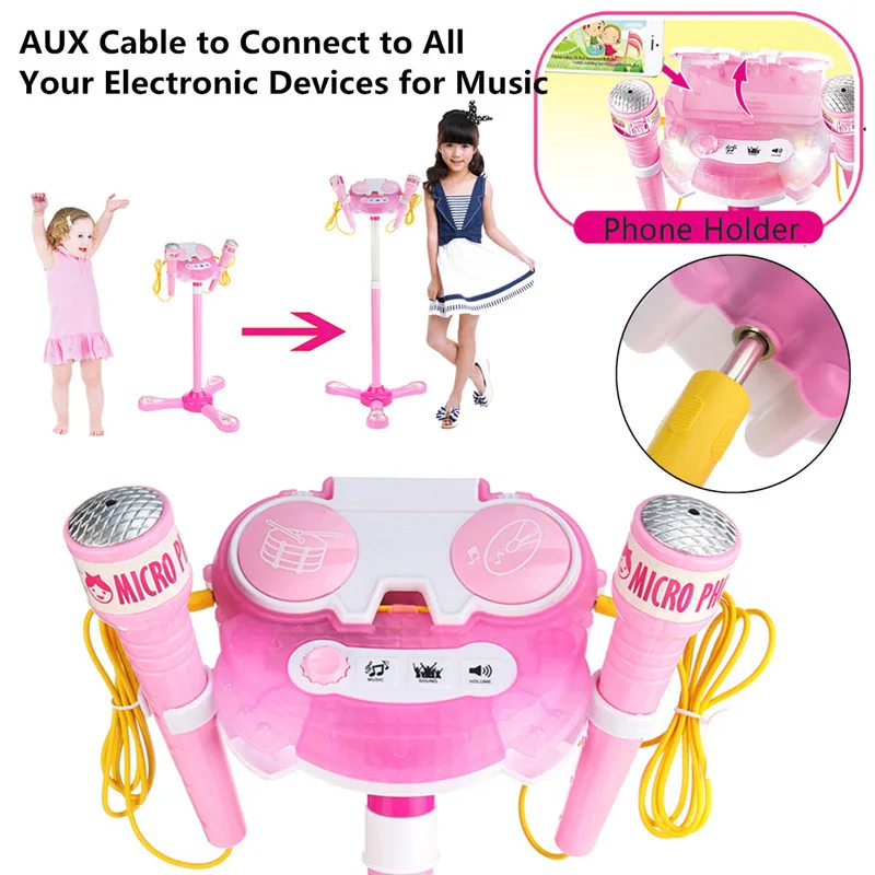 

New Arrival Pink Kids Music Play Toys Set with 2 Microphones Karaoke Machine Adjustable Stand Singing Kids Funny Gift