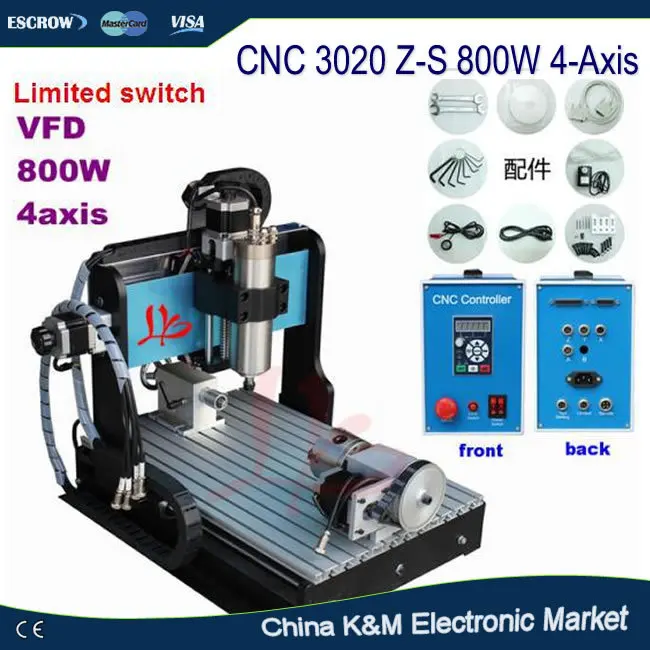 

Free shipping 4 Axis CNC 3020 Z-S 800W Limit switch engraving machine wood router with dual bearings