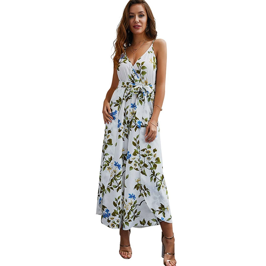 

Sexy Print Sleeveless Hem Split Jumpsuits Women Casual Backless Loose Rompers Summer Bohemian Ladies Fashion Vintage Playpsuits