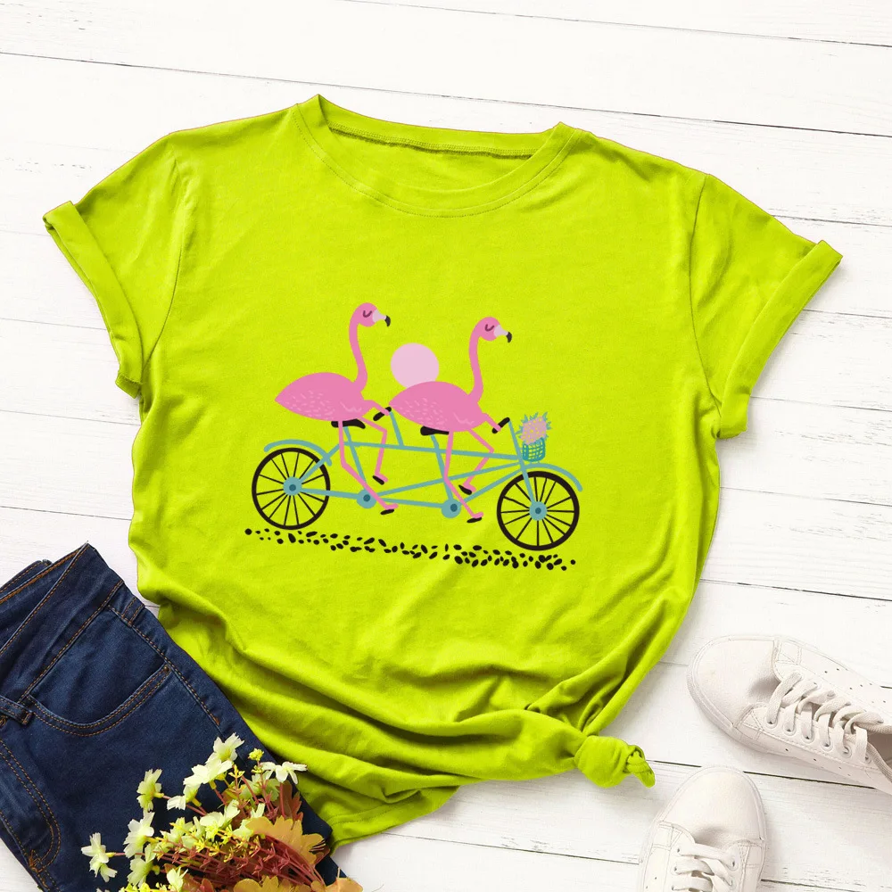 

SINGRAIN Flamingo Print Women Basic T-shirt S-5XL Large Size Animal t shirt Cartoon Tops Harajuku Casual Summer Cotton Tees
