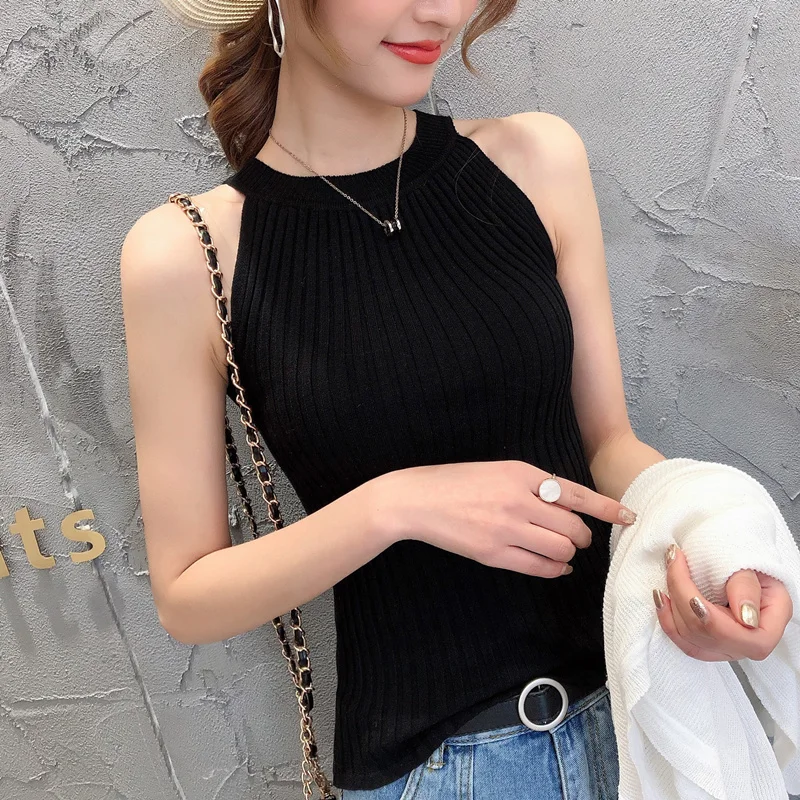 Off-the-shoulder короткие висит шеи Топ носить без рукавов Тонкий дна вязать маленький бретели возглавляет женский летнее платье - Цвет: see chart