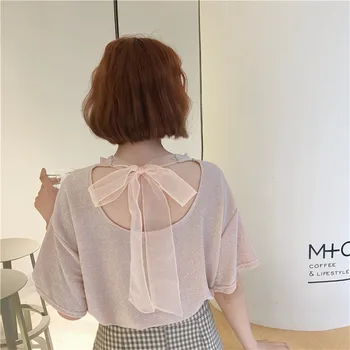 

Women Summer Tees 2018 New Korean Loose Fashion Backless Tops Silk Hollow Back Bowtie Short-sleeved T-shirts Black Pink Tee