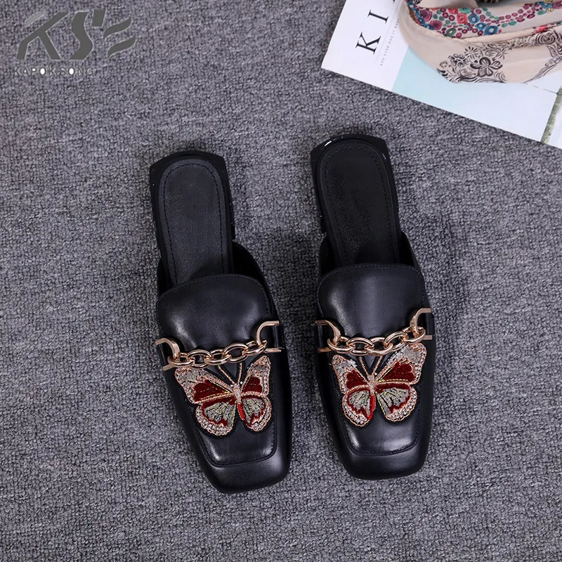 

cow leather half slide sandals women really genunie leather luxury designer women metal chain slippersummer shoes lady sandals
