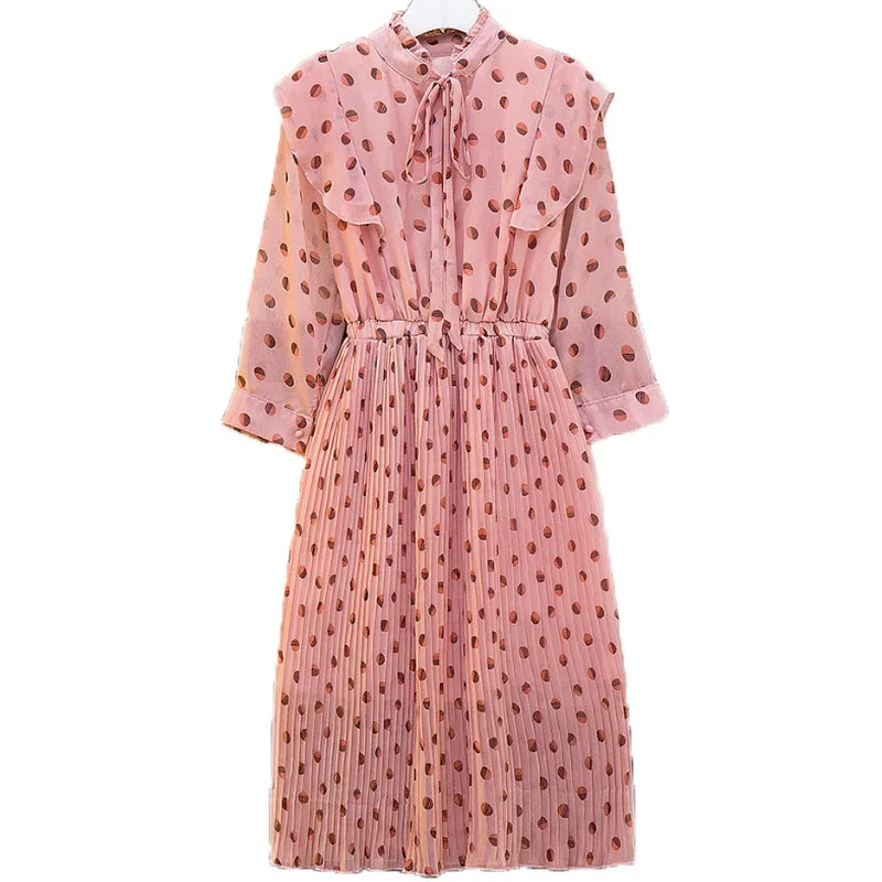 

L-4XL Plus Size Dress Women Vintage Temperament Spring Autumn New Pleated Dress Women Elegant Dot Printing Chiffon Long Dress