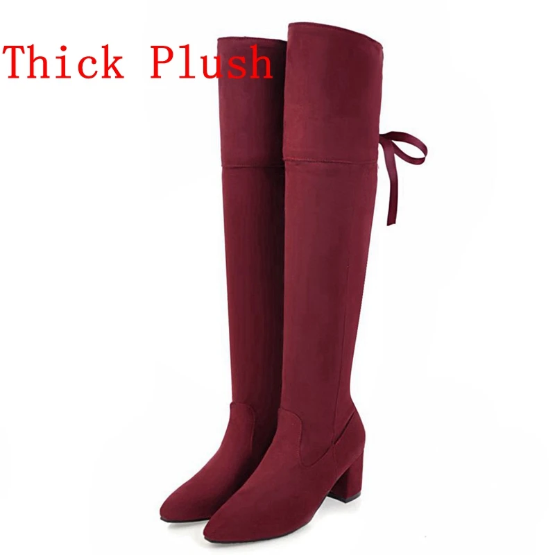 Reave Cat/Сапоги до колена сзади узел молния Для женщин сапоги на среднем каблуке из флока с острым носком модные, пикантные осень-зима одноцветное Большие размеры A112 - Цвет: Red Thick Plush