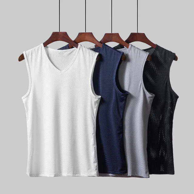 

Men Tank Top Breathable Mesh Vest Male Ice Silk V Neck Hollow Sleeveless Vest Wide Shoulder Waistcoat Fitness Slim Mesh