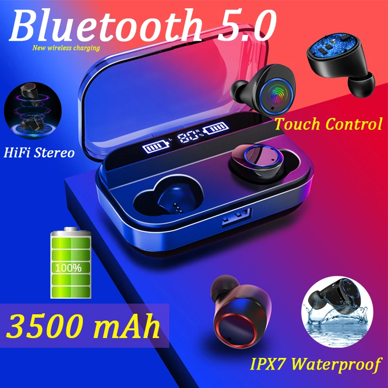 Mini auriculares inalámbricos con Bluetooth 5,0, dispositivo de audio IPX7 táctil prueba de agua, con de carga, 3E04|Auriculares y audífonos| - AliExpress