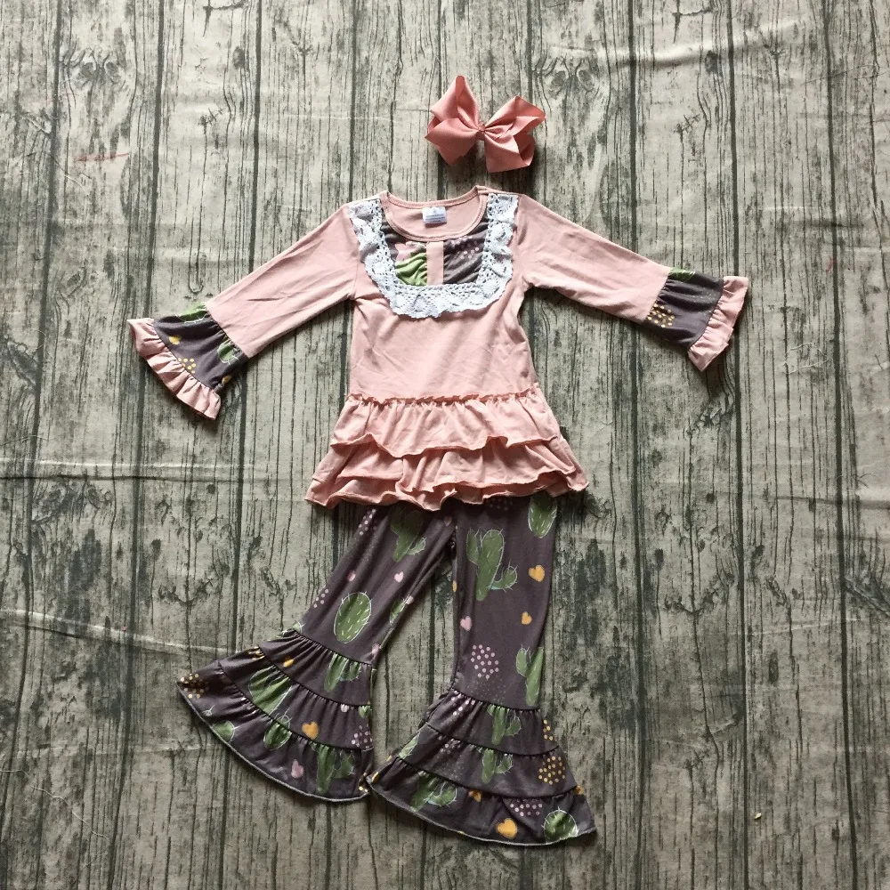 

spring/winter baby girls kids wear outfits cotton Cactus dirty pink milk silk ruffles pant boutique children clothes mtach bow