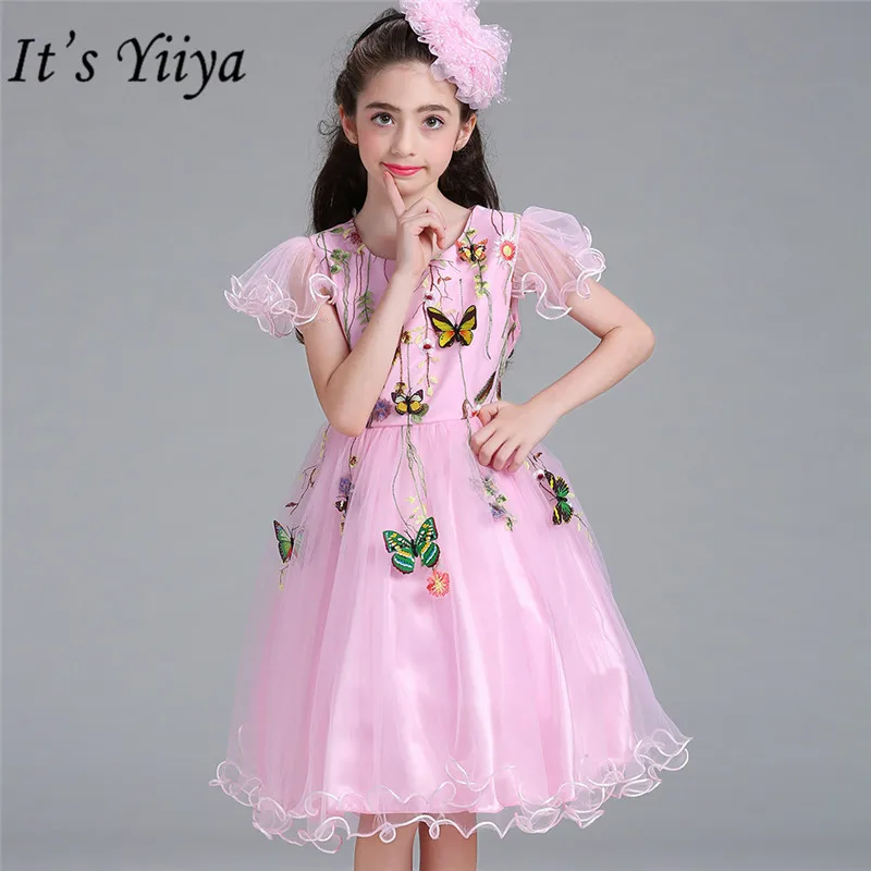 Это yiiya мода вышивка розовый платье для девочек es Сладкий О-образным вырезом Pleat отворотом платье для девочек MA059