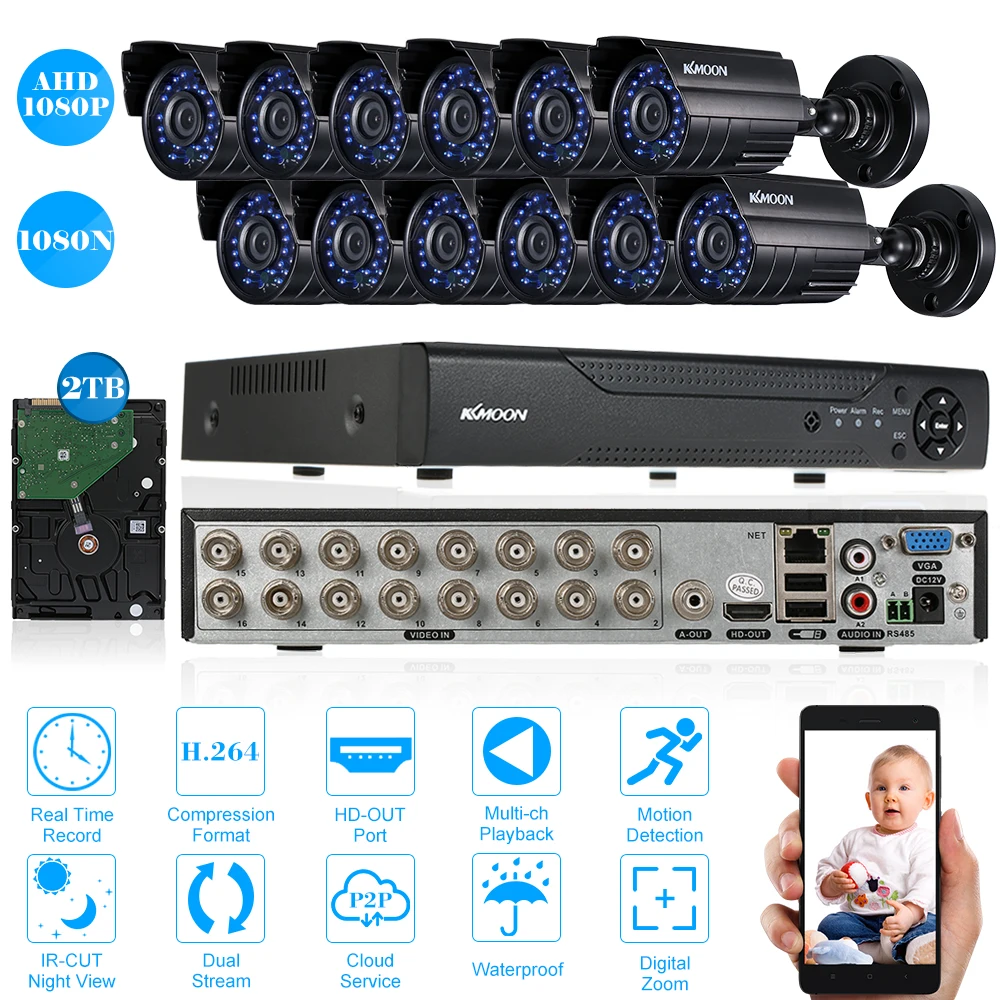 

KKmoon 1080N DVR CCTV 12CH 1080P AHD Waterproof IR Motion Detection Night Vision CCTV Camera Security System PAL System 2TB HDD