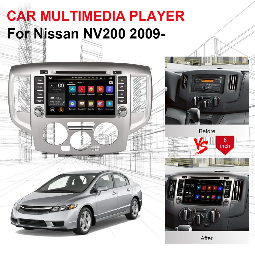 Excellent 8 Inch Android 8.0 Octa Core 4GB RAM Car GPS Navigation For Nissan NV200 2009- Car Radio Stereo DVD Multimedia Player WIFI 4