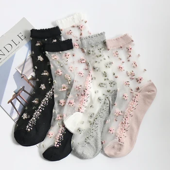 

5 Pairs/Lot Spring Women Plant Flowers Sweet Crystal Cotton Anti-skid Transparent Thin Socks Femme Meia Ultra Cool Mesh Sexy Bas