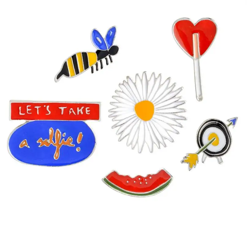 

Hfarich 6pcs/set LET'S TAKE a selfie Bee Watermelon Daisy Love Lollipop Arrow Target Brooch Denim Jacket Pin Shirt Badge Fashion