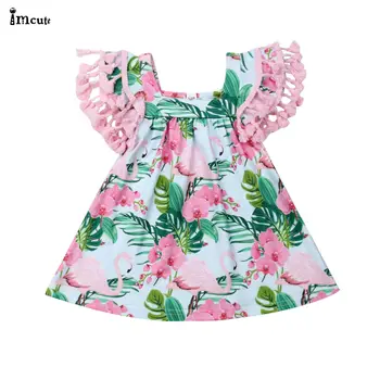 

Infant Toddler Baby Girl Pink Flamingo Tassel Tutu Dress Fly Sleeve Floral Beach Party Dresses Princess