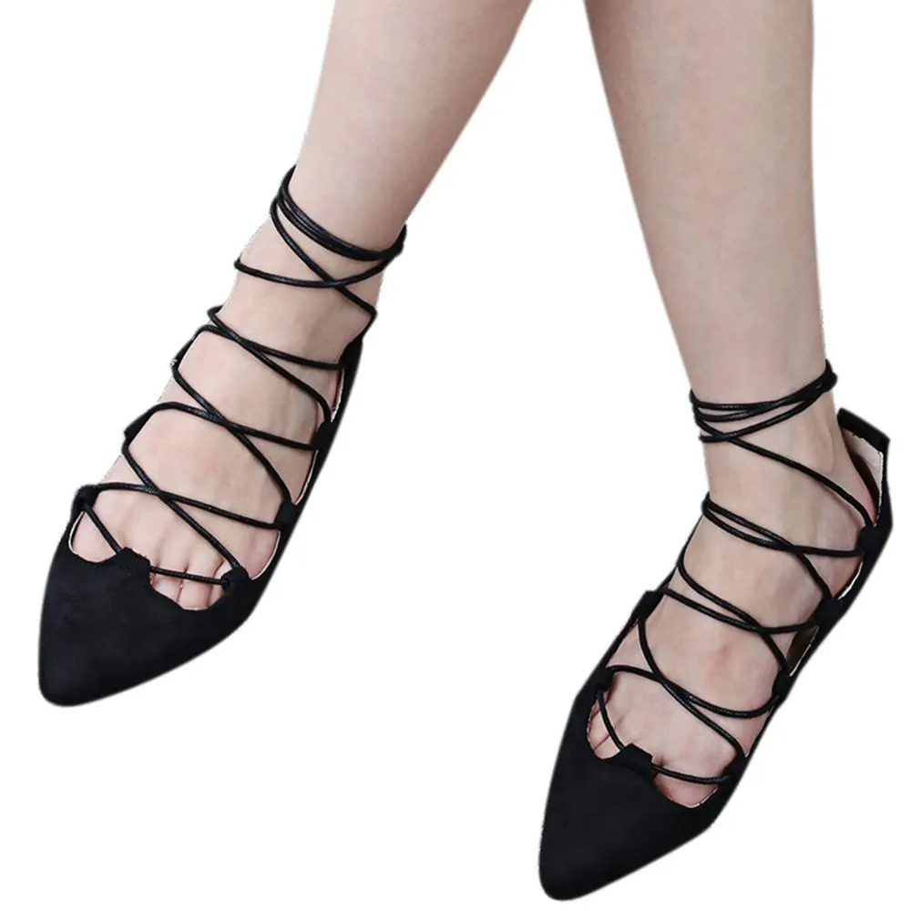 

Fashion Women Shoes Flats Casual Pointed Toe Ballet Hollow Cross Strappy Suede Suede Pointed Toe Flats Soft Shoes for Girls