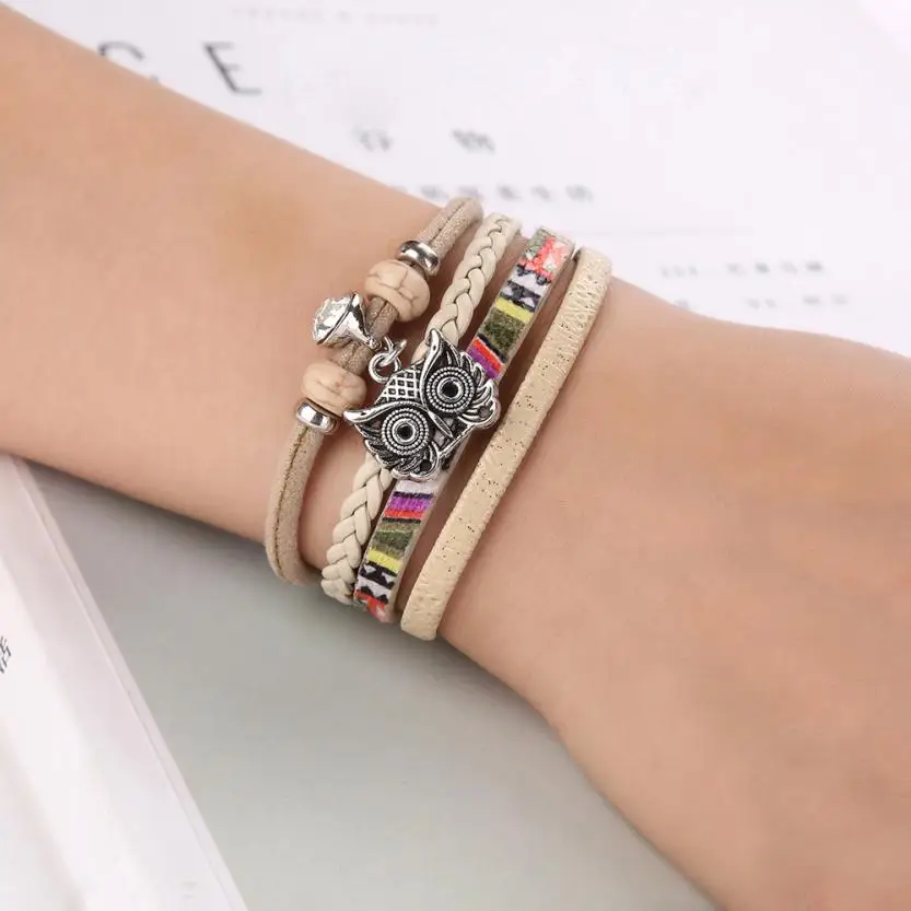 

New Women Bohemian Multilayer Leather Women Bracelets Fashion Crystal Owl Knit Leather Handmade Wrap Cuff Wristband Jewelry 50p