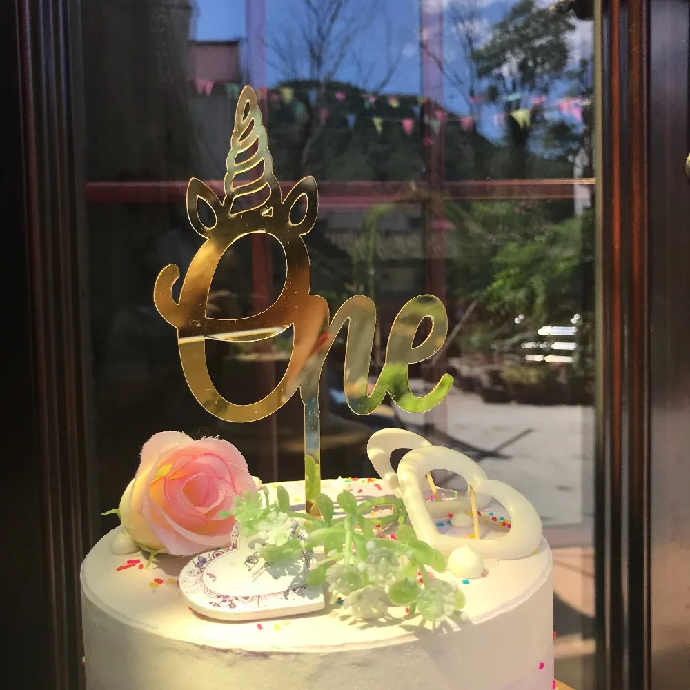 One Happy birhtday Gold Silver Unicorn Horns Cake Topper Kids Birthday Cake Decoration Halloween Birthday Party Event Supplies (3)