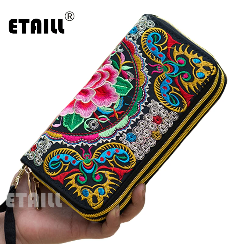 

2016 Hmong Handmade Ethnic Flowers Embroidered Women Long Wallet Day Clutch Purse Famous Brand Logo Wallet Women Sac a Dos Femme