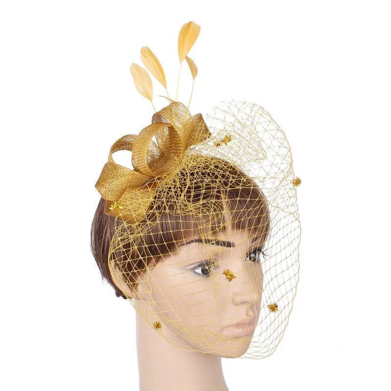 JaneVini Винтаж золотые свадебные Шапки и Fascinators женские свадебные вечерние шляпа Перья для волос Pin чистая клетка покрывал Afrikaanse Hoed - Цвет: Золотой