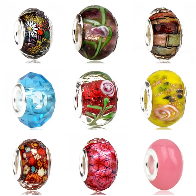 

Simple Style Painting Flower Leaves Glass Beads Fit Pandora Charm Bracelets & Bangles Necklaces for Women DIY Making Jewelry