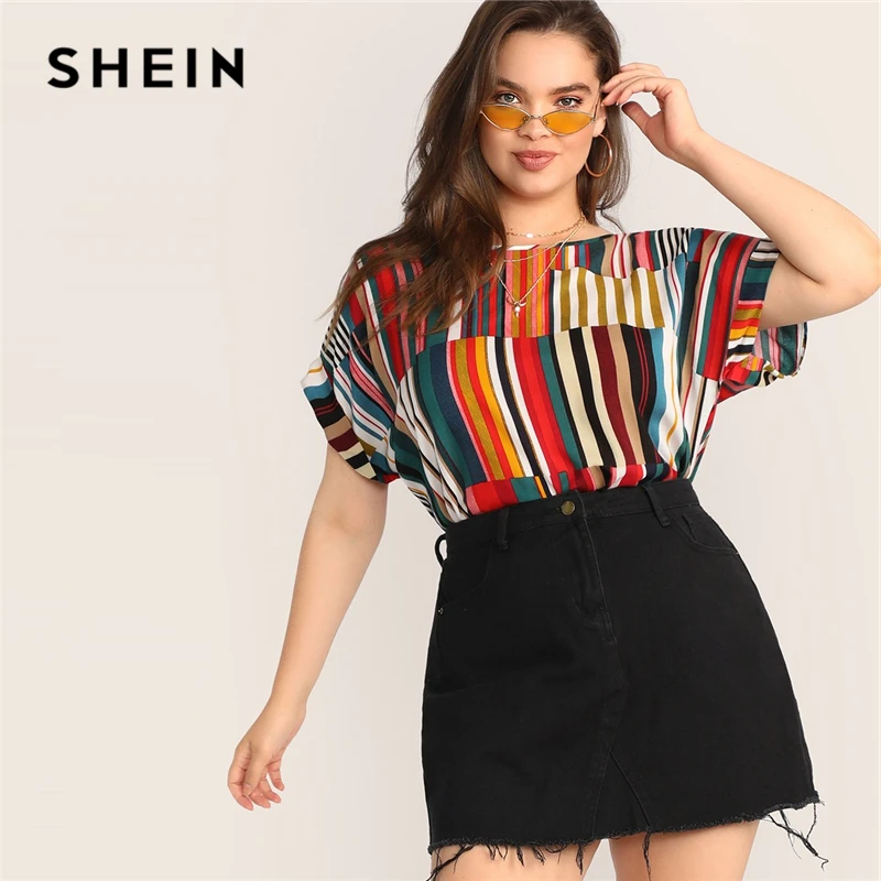 SHEIN, разноцветная полосатая блузка размера плюс,, женская летняя Повседневная блуза с коротким рукавом и круглым вырезом, большие размеры