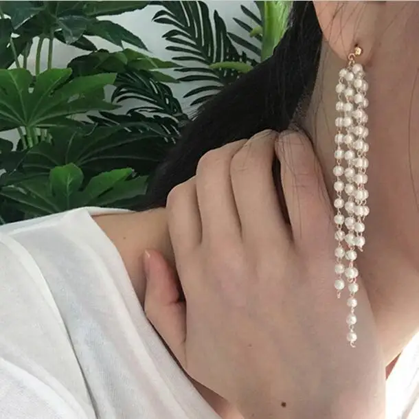 

simulated pearl tassel earrings 2017 drop earring long fringe dangle statement earrings for women pendientes flecos
