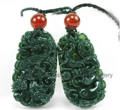 

Natural Pairs Green Hand-Carved Dragon Phoenix Real Hetian Jade Pendant Necklace