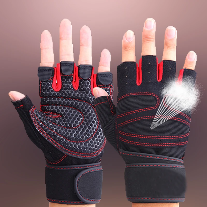 Летние мужские/женские спортивные перчатки для занятий тяжелой атлетикой, тренировочные Перчатки для фитнеса, спорта, бодибилдинга, дышащие нескользящие перчатки для занятий в тренажерном зале, защита ладони - Цвет: red gym gloves