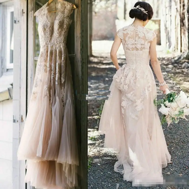 Boho Румяна Розовые Свадебные платья в стиле Country ; robe de Mariage Аппликация Кружевное Свадебное платье индивидуальный заказ в западном стиле Дизайнерская обувь; обувь под свадебное платье для невесты - Цвет: Blush Pink