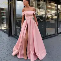 BeryLove Elegant Off Shoulder Blush Pink Evening Dress 2019 Satin Evening Belt Fashion Prom Dress Slit Formal Gown Party Long