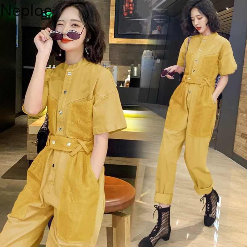 

Neploe BF Style Women Jumpsuits Summer 2019 New O-neck Short Sleeve Bodysuits Fashion Sashes Wide Leg Playsuits Female 44276