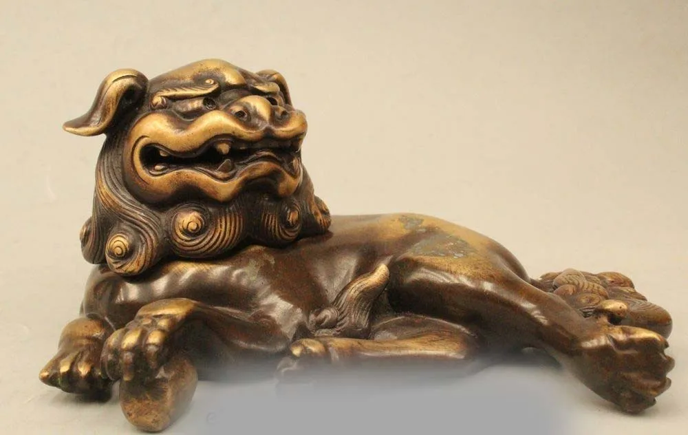 

7" China Chinese Fengshui Bronze Fu Foo Dog Lion Statue Incense Burner Censer