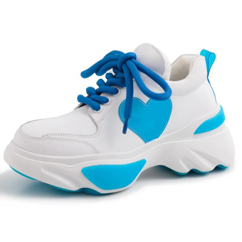 

2019 Spring Style Female Blue Pink Platform Chunky Sneakers Dad Shoes Genuine Leather Basket Femme Women Vulcanize Shoes GO2H955