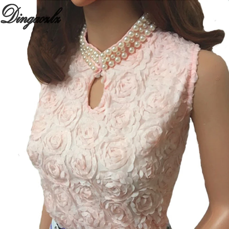 

Dingaozlz Summer Vest Tops Fashion Women clothing Sleeveless Chiffon shirt Elegant Beaded lace blouse Blusas Femininas
