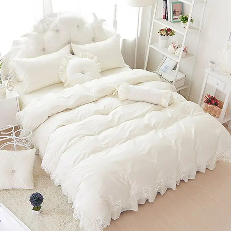 Us 84 0 52 Off Solid Color Princess Bedding Sets Luxury 4 6pcs Beige Ruffles Lace Bed Skirt Duvet Cover Bedspread Bedclothes Linen Cotton In