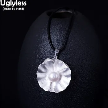 

Uglyless 100% Real 925 Sterling Silver Lotus Leaf Necklaces NO Chains Ethnic Natural Pearls Flower Pendants Women Fine Jewelry