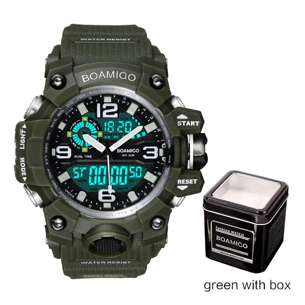 Бренд BOAMIGO, мужские спортивные часы, светодиодный, цифровые часы, военные, зеленые, наручные часы, водонепроницаемые, для плавания, кварцевые часы, relogio masculino - Цвет: green with box