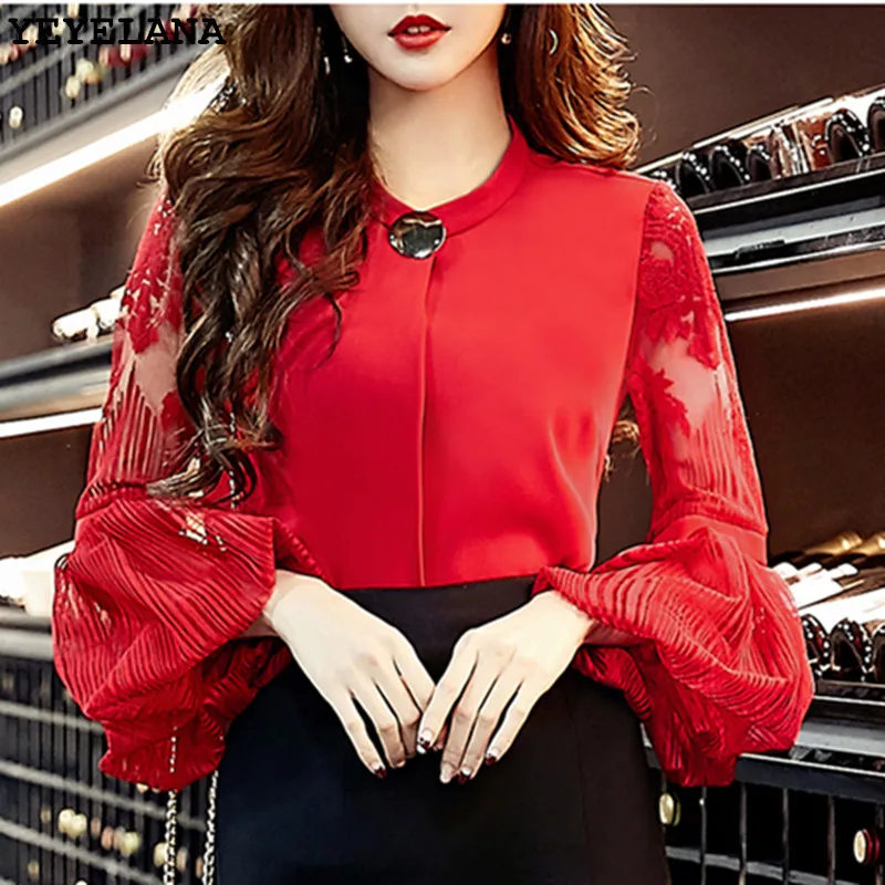 Goedkoop YEYELANA Kant Dieptepunt Shirt Vrouwelijke Lange Mouwen 2018 Lente Koreaanse Sexy Rode Lantaarns Mouwen