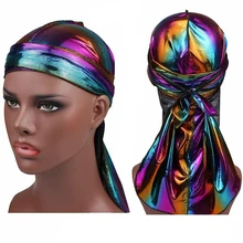 Мужские красочные блестящие дюраги тюрбан банданы, мужские Сверкающее шелковое головные уборы, повязка на голову, шапочка для душа, аксессуары, волнистые шапки