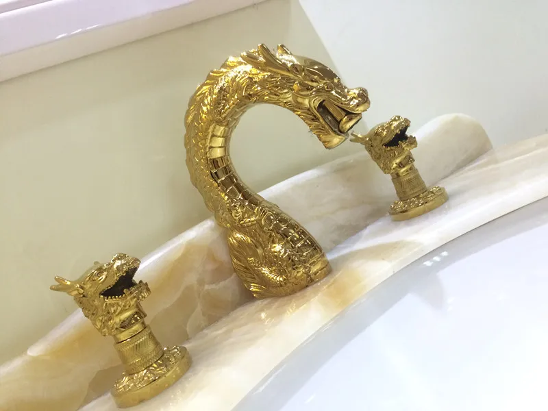 Ti Золотое вакуумное напыление Ванная комната " широкое 3 отверстия Дракон смеситель для раковины Смеситель уникальный на бортике