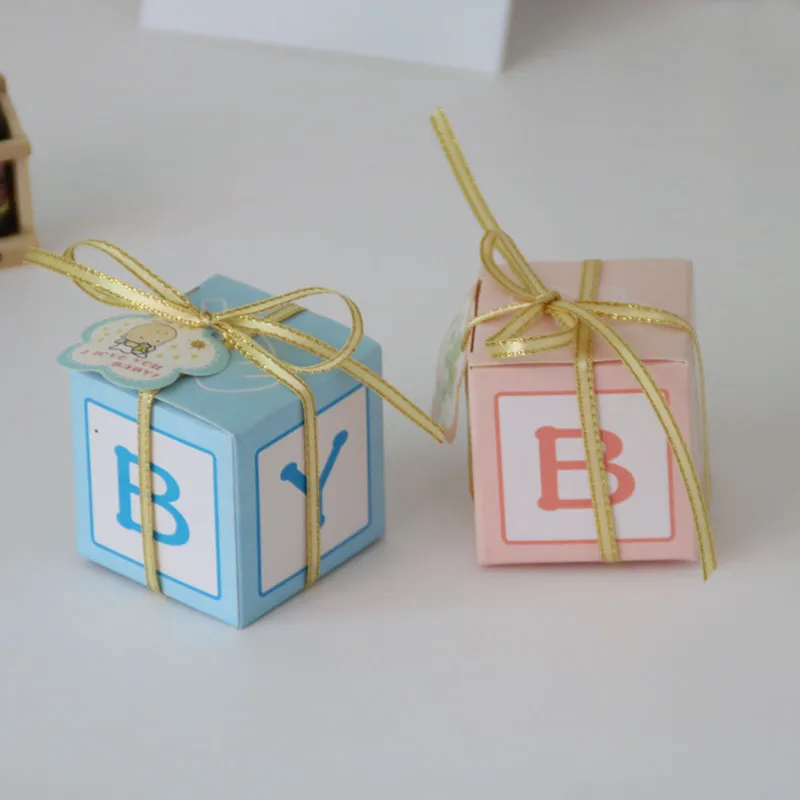 

50pcs Pink Blue BABY Candy Dragee Gift Box with Rope Tag Cookie Carton Chocolate Sanck Favor Bags Wedding Deco Mariage Supplies