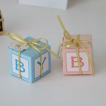 

50pcs Pink Blue BABY Candy Dragee Gift Box with Rope Tag Cookie Carton Chocolate Sanck Favor Bags Wedding Deco Mariage Supplies