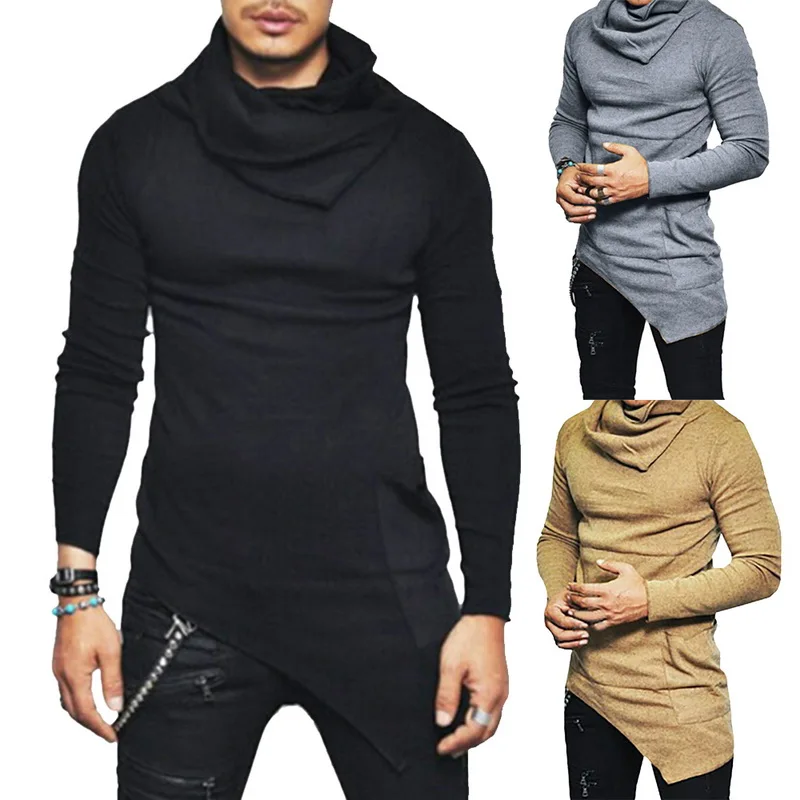 

Laamei Men's Long Sleeve Slim T Shirt Men Side Pocket Cowl Neck Irregular Extended Hip Hop DesignerClothing