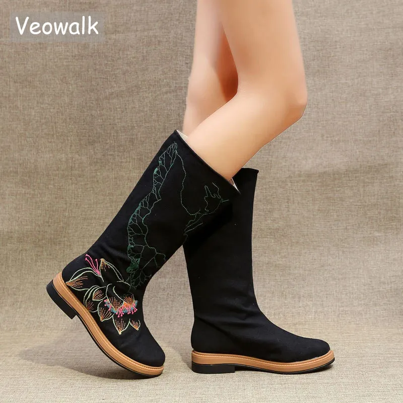 

Veowalk Hidden Heel Wedge Women Canvas Embroidered Mid-Calf Boots, Ladies Floral Mid Boots Vintage Chinese Embroidery Shoes