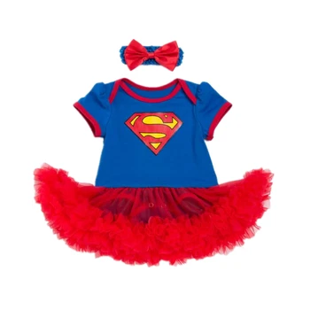 

2019 Baby Girls Dress Superman Infant Girls Vestido Red Lace Ruffle Tutu Dress With Headband Lovely Newborn Bodysuit