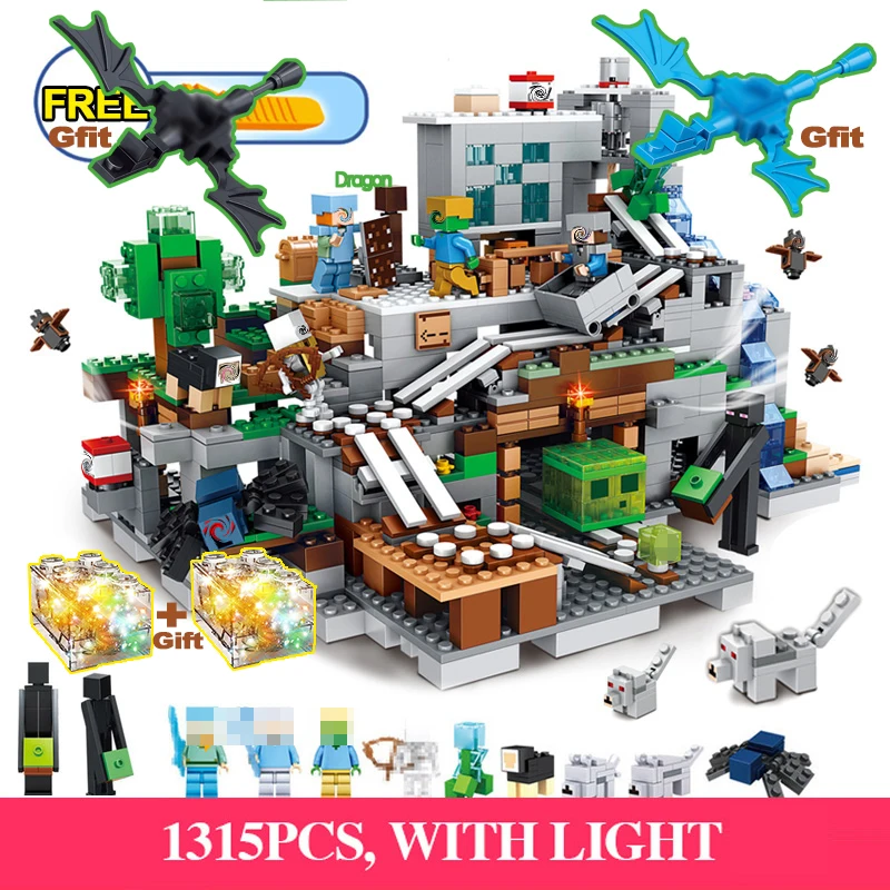 

1315pcs Compatible LegoINGly Minecrafted 21137 Aminal Figures Mechanism Mountain Cave Dragon Sets Playmobil building blocks Toys
