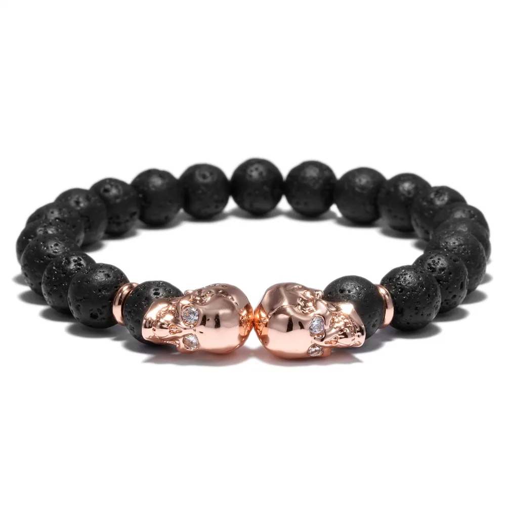Rose Gold Панк двойной череп голова дизайн бусины браслет 4 цвета натуральный камень бисером Лава браслет для мужчин браслет для байкеров ювелирные изделия Homme - Окраска металла: Rose Gold