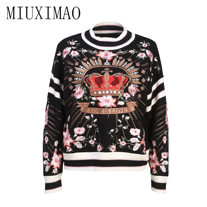 

Europe Fashion 2018 Autumn New Arrival Casual O-Neck Full Sleeve Pullovers Knitted Embroider And Crown Print Sweatshirts Women